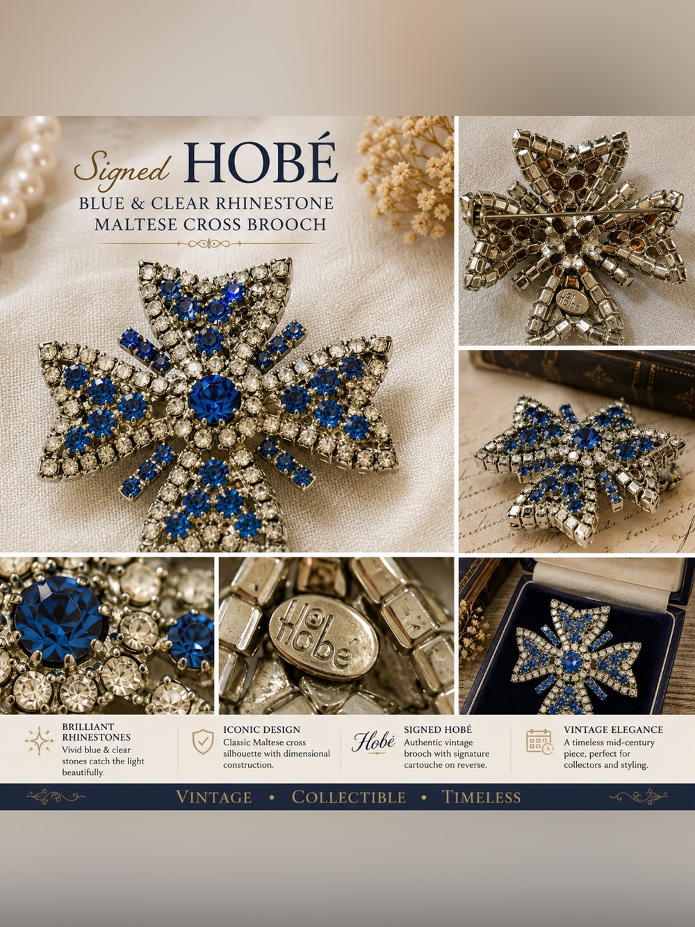 Signed Hobé Blue & Clear Rhinestone Maltese Cross Brooch